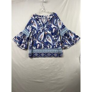 Crown & Ivy Blouse Womens XL Blue Paisley Crochet Bell Sleeve Boho Top
